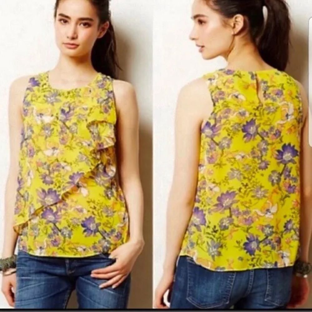 Anthropologie‎ HD in Paris Yellow/Purple Cottagecore Floral Sleeveless Top - 10